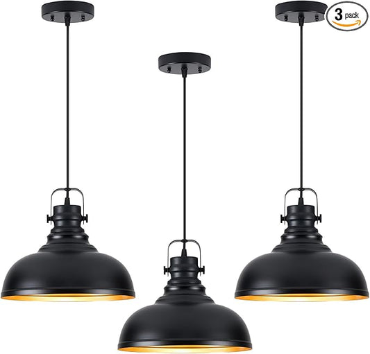 Refice 3 Pack Farmhouse Pendant Lights Black Pendant Lighting for Kitchen Island Adjustable Height Dome Hanging Lights for Barn, Dining Room