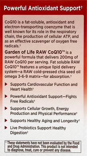 Garden of Life CoQ10 200mg, Vegetarian Omega 3 6 9 Supplement Raw Co Q 10 Chia Seed Oil,Whole Food Nutrition with Antioxidant Support, Coenzyme q10 Supplement for Heart Health, 60 Capsules (Pack of 6)
