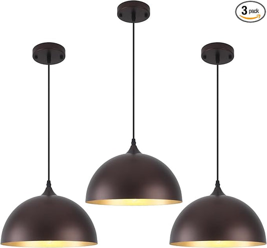 Farmhouse Pendant Light 12 Inch, Modern Pendant Lights Kitchen Island, Adjustable Height Dome Pendant Lights Fixtures for Dining Room Barn,Oil Rubbed Bronze Finish, 3 Pack