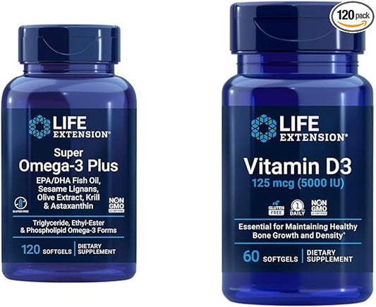 Life Extension Super Omega-3 Plus Huile de poisson EPA/DHA, Lignanes de sésame et Vitamine D3 125 mcg (5000 UI), Santé des os, Performances cérébrales