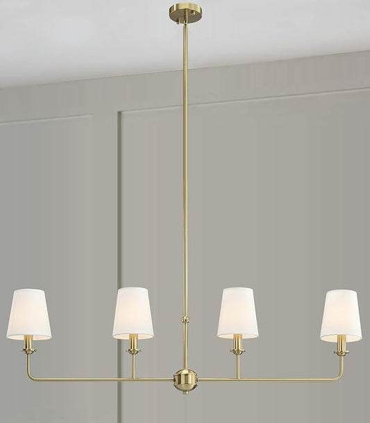 4-Light Brushed Gold Chandelier, Height Adjustable Island Dining Room Light with White Fabric Shades, E12 Base, Farmhouse & Industrial Style for Kitchen Living Room