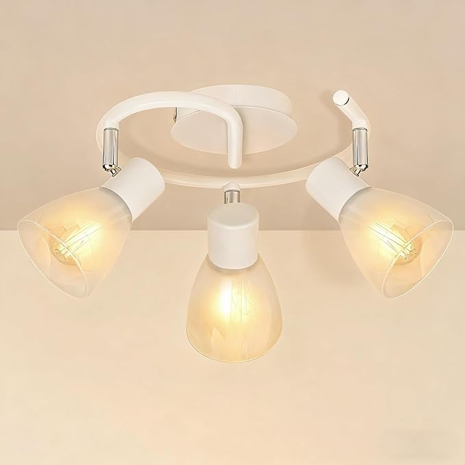 HiBay 3-Light Track Lighting, Modern Glass Ceiling Light Fixture White, Directional Flush Mount Spotlight Round for Kitchen, Bedroom, Living Room, E12 Base, No Bulbs