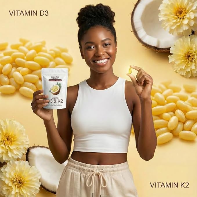 Crown Her Naturals D3 K2, Real Good Essentials Vitamin d3 k2 10000 IU+ K2 200 mcg MK-7, Coconut Oil, Extra Strength, Bone & Immune Support, 180 Softgels