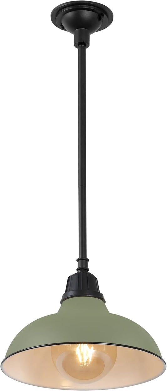 JONATHAN Y 12.25" Matte Olive Green 1-Light Farmhouse Indoor/Outdoor LED Pendant Iron Hanging Light, and Black Metal Shade, Rustic Ceiling Lamp for Kitchen Island, LED Bulb Included (JYL7611I)