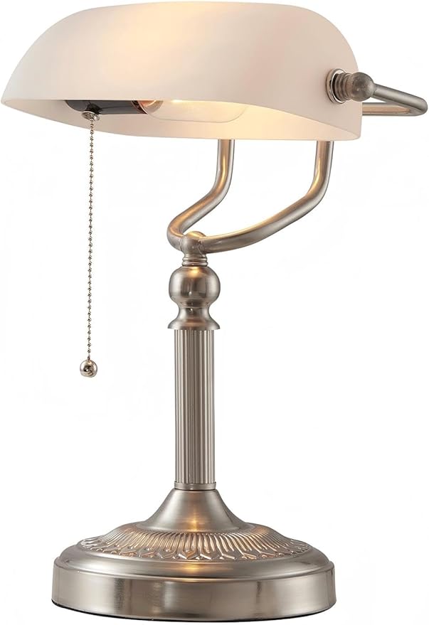 White Matted Glass Bankers Desk Lamp with Pull Chain Switch Plug in Fixture,Sand Nickel Base