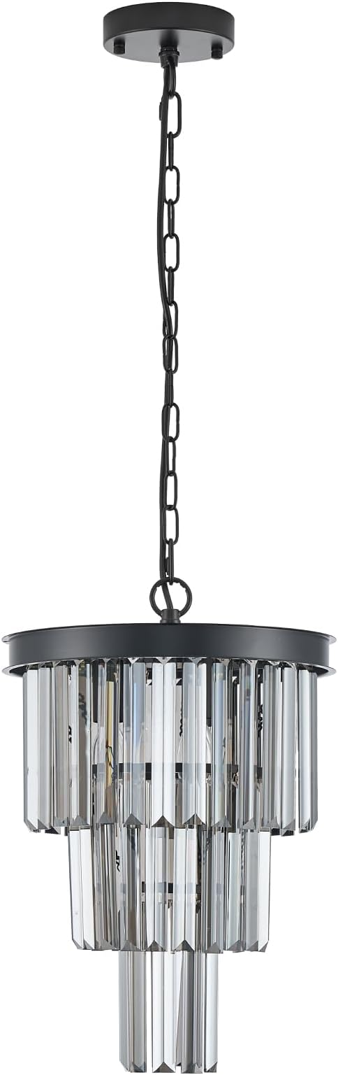 CATINER 3 Tier Black Crystal Pendant Light, Mini Smoke Gray K9 Crystal Chandelier with Adjustable Chain, Modern Small Ceiling Pendant Lighting for Kitchen Island Dining Room Hallway Bedroom Closet