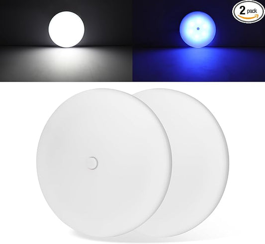 RV Puck Light 5Inch, Dimmable RV Light Fixture 12V, Camper Interior Light with Inbuilt Dimmer Switch, RV Ceiling Light for Boat Camper Trailer Car (Dimmable Cool White& Blue Nightlight, 2PCS)