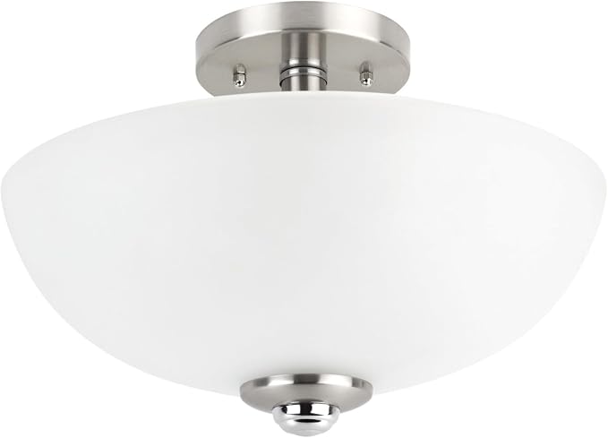 Globe Electric 63357 13 in. 2-Light Semi-Flush Mount Ceiling Light, Brushed Nickel, Chrome Accents, Frosted Glass Shade