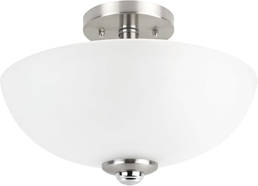 Globe Electric 63357 13 in. 2-Light Semi-Flush Mount Ceiling Light, Brushed Nickel, Chrome Accents, Frosted Glass Shade