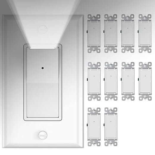 10 Pack SOZULAMP Light Switch with LED Night Light 15Amp 120/277Volt Rocker Single Pole Wall Switch, Automatic On/Off Sensor