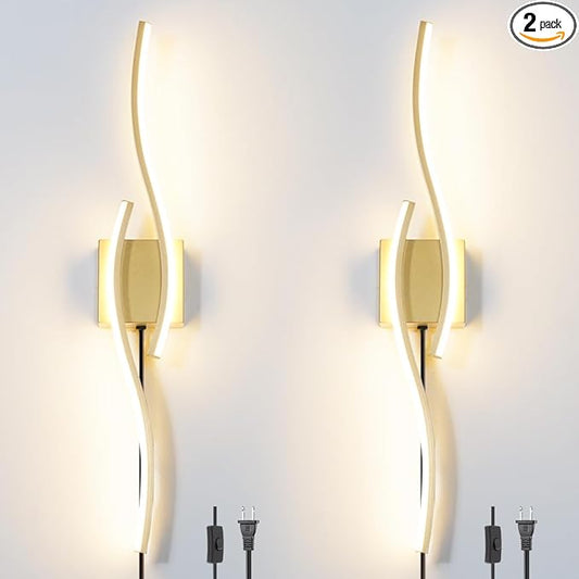 Daunton Modern Gold Plug in Wall Sconce Set of 2, Indoor Dimmable Light Fixture with Plug in Cord for Living Room, LED Sconces Lighting with Remote Control, Wall Lighting Decor for Hallway Bedroom