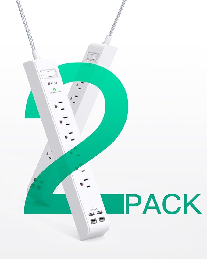 2 Pack Power Strip, Extension Cord 3FT, Surge Protector with 6 Outlets and 4 USB Ports (2 USB C), Flat Plug Overload Protection, Extension Cord with Multiple Outlets, Wall Mount for Home Dorm College