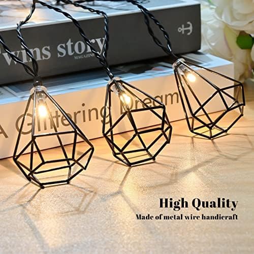 Diamond String Lights 10 LED 6.8 ft Battery Operated, Geometric String Lights Warm White, Black Metal Lamps Decor for Indoor Wedding Party Bedroom Christmas