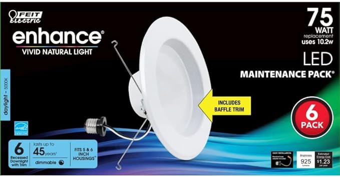 Feit Electric LED Recessed Downlight, fit Most 5-6" Housing Cans, Baffle Trim, Dimmable, 75W Equivalent 10.2W, 925 LM Retrofit kit, 75 Watt, 5000K Daylight, 6-Pack LEDR56B/950CA/MP/6