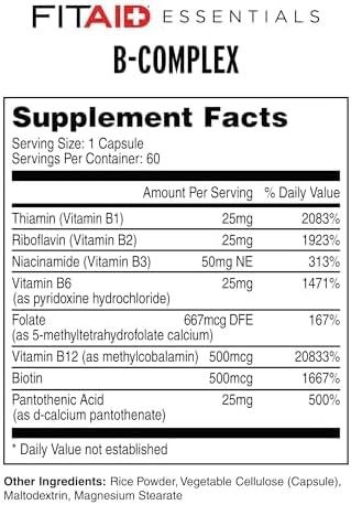 FITAID Gélules de complexe B, Vitamines B méthylées (B1, B2, B3, B6, B12, Folate, Biotine) pour l'haltérophilie, la course, le cyclisme, l'énergie, le métabolisme, Approvisionnement de 2 mois, 60 capsules végétales