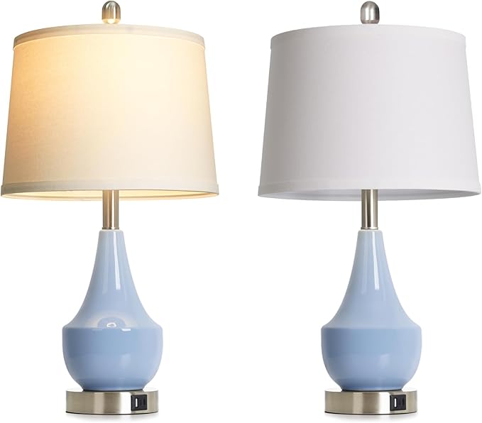 Cinyirong Modern Blue Table Lamp Set of 2, 24" Ceramic Table Lamp with USB A+C Ports,Classic Beside Lamps Nightstand Lamp Modern Lamp for Living Room, Bedroom & Office -LED Bulbs Included