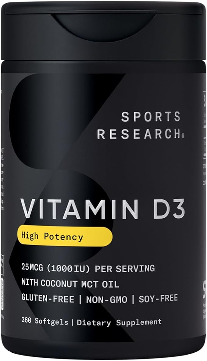 Sports Research® Vitamine D3 1000 UI avec huile de coco MCT - Supplément de vitamine D à haute puissance pour le soutien immunitaire et osseux - Sans gluten · Sans OGM · Sans soja - 360 gélules