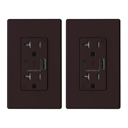 ELEGRP USB Charger Wall Outlet, USB Receptacle with USB A & USB C Ports, 20 Amp Duplex Tamper Resistant Receptacle Plug NEMA 5-20R, Wall Plate Included, UL Listed, 2 Pack, Matte Brown
