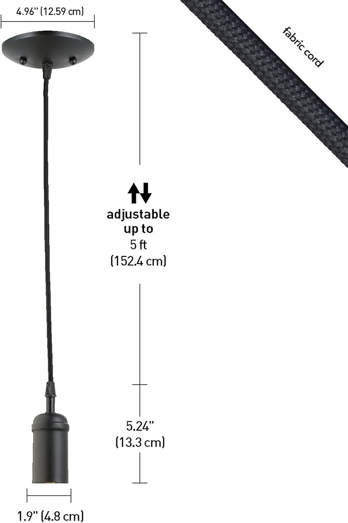 Globe Electric 64906 1-Light Pendant, Matte Black, Black Woven Fabric Cord, E26 Base Socket, Kitchen Island, Café, Decorative, Ceiling Hanging Light Fixture, Modern, Vintage, Bulb Not Included