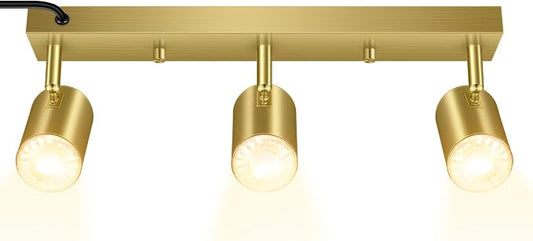 Plug-in Track Light Fixtures Ceiling Kit, 3 Head Track Lighting with 15ft Power Cord, GU10 Base 35W Max, Adjustable Spotlight for Kitchen, Bedroom, Office, Hallway, Gold Finish