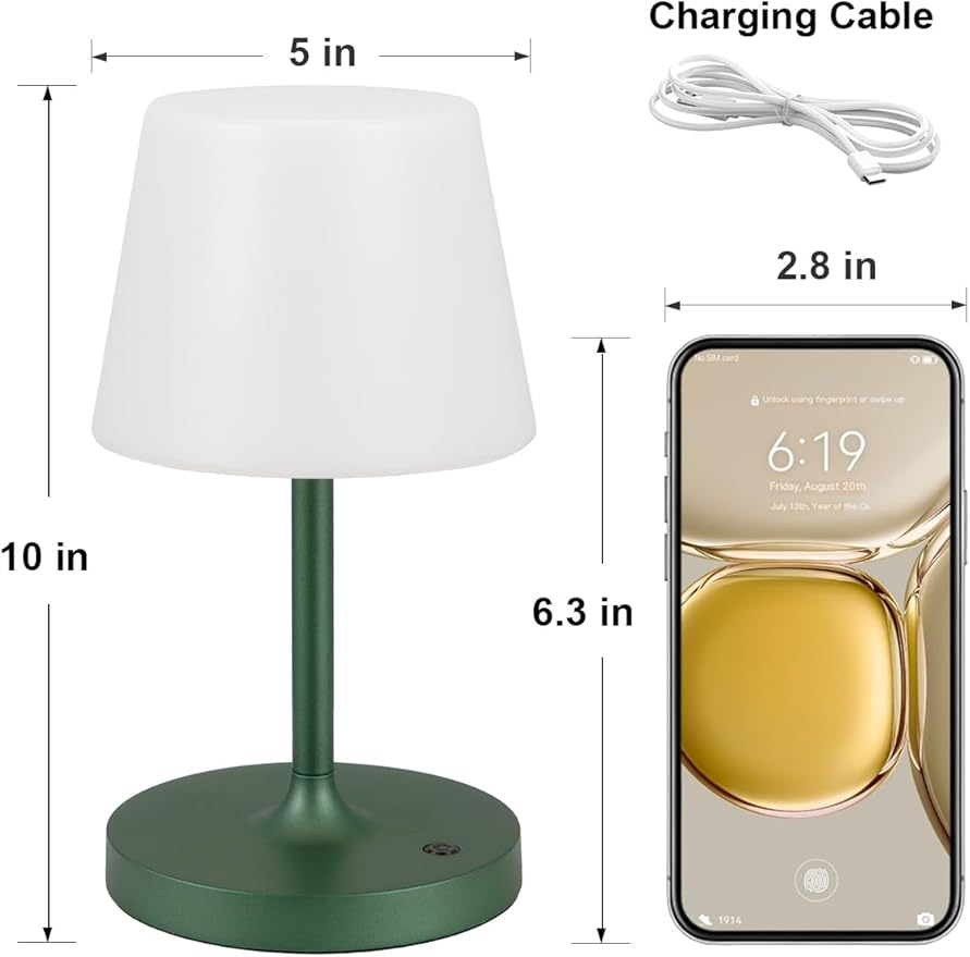 Kakanuo Green Cordless Shower Lamp Waterproof, Rechargeable Cordless Lamp with 4000mAh Battery, Touch Dimmable Table Lamp for Outdoor, Kitchen, Bathroom, Camping, Patio, IP54