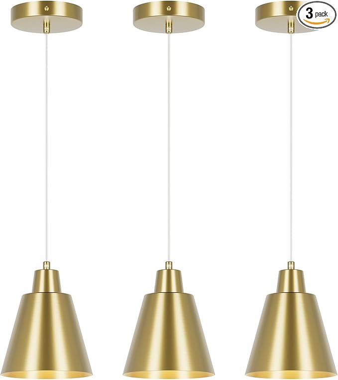 Industrial Pendant Lights, Brass Pendant Light Fixtures, Vintage Kitchen Island Lights with Metal Shade, Farmhouse Pendant Lights for Dinning Table Bedroom Bar - Brass, 3 Packs