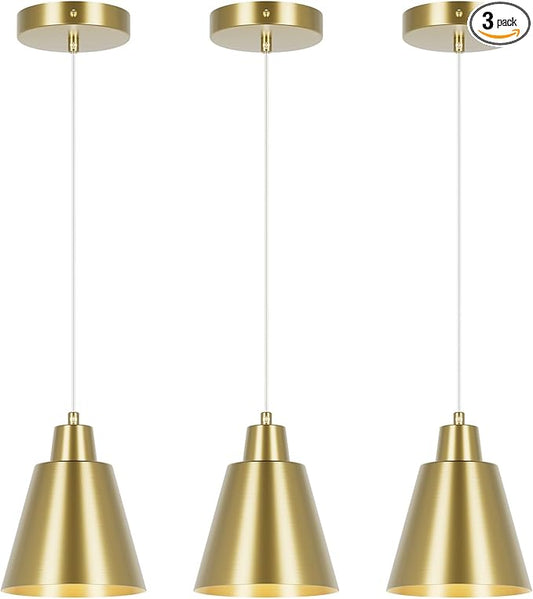 Industrial Pendant Lights, Brass Pendant Light Fixtures, Vintage Kitchen Island Lights with Metal Shade, Farmhouse Pendant Lights for Dinning Table Bedroom Bar - Brass, 3 Packs