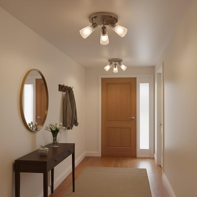 10” Track Lighting Kit, Brushed Nickel Finish Flush Mount Ceiling Light Fixture with Frosted Glass Shades, E26 Base Adjustable Heads Provide Directional Light (3-Light)