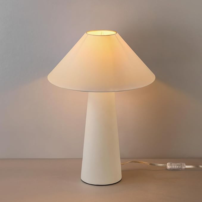 Novogratz x Globe 18" Ceramic Table Lamp, Matte Cream, Off-White Tapered Fabric Shade, in-Line Rocker Switch, 5 Ft. Clear Cord, Home Office, Desk, Living Room