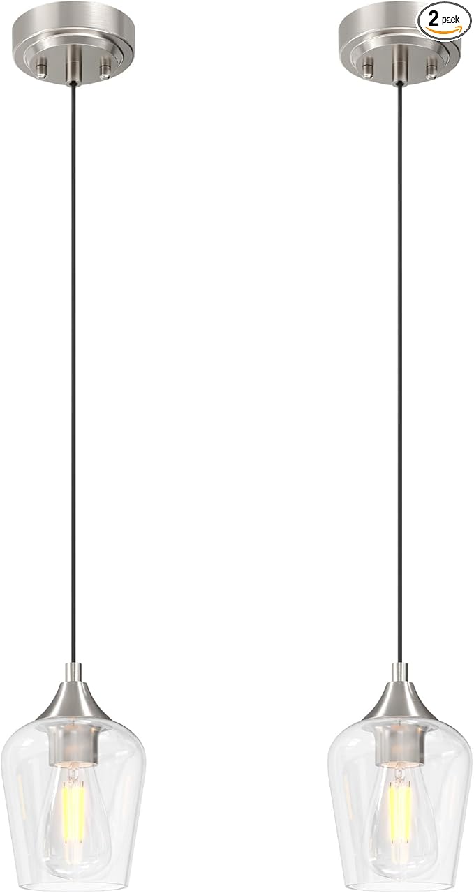VONLUCE Pendant Lights Kitchen Island, Brushed Nickel Pendant Light Fixtures with E26 Base & Adjustable Cable, Modern Pendant Lighting with Glass Shade for Living Room Bedroom Hallway, 2 Packs