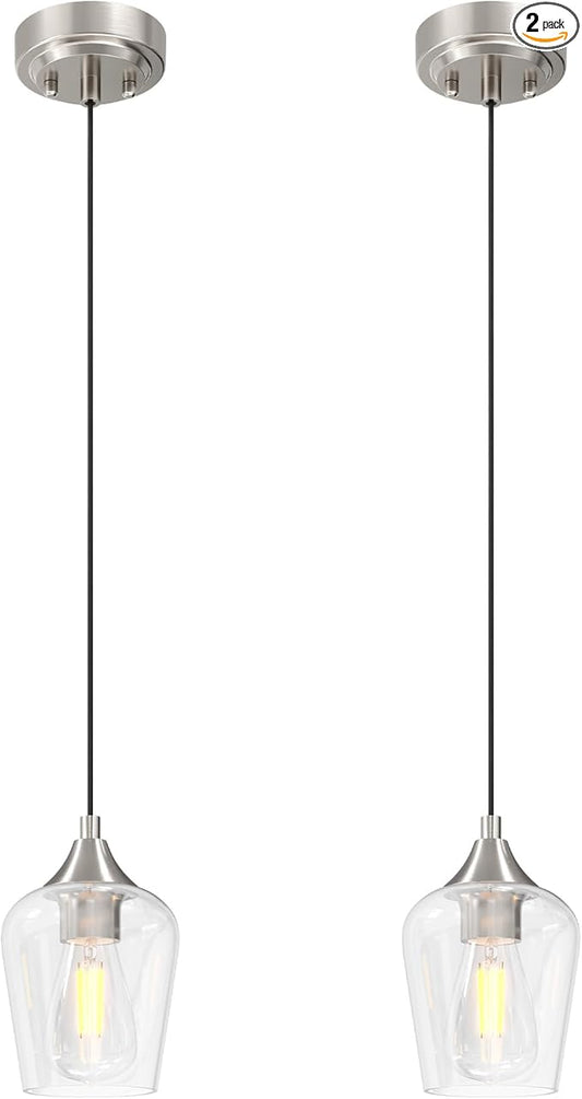 VONLUCE Pendant Lights Kitchen Island, Brushed Nickel Pendant Light Fixtures with E26 Base & Adjustable Cable, Modern Pendant Lighting with Glass Shade for Living Room Bedroom Hallway, 2 Packs