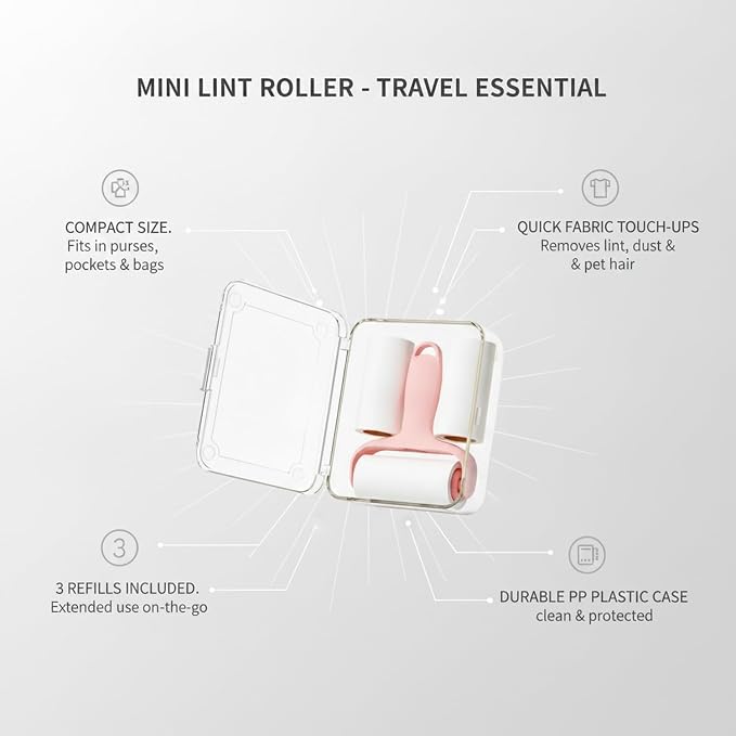 Lint Remover Mini Roller with 3 Refills, Compact Adhesive Fabric Cleaner for Travel and Daily Use, Durable PP Plastic Handle