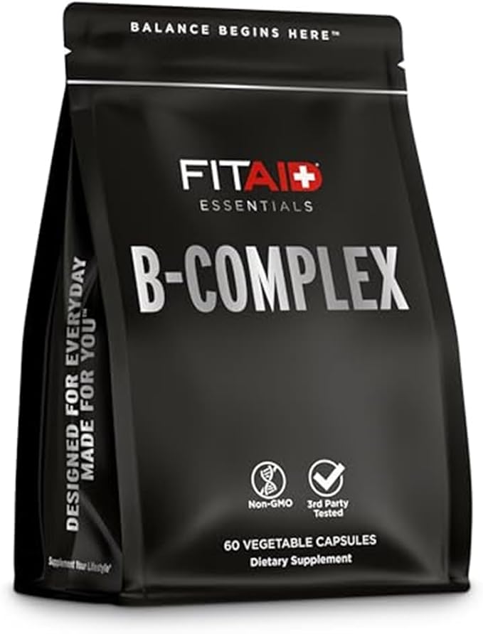 FITAID Gélules de complexe B, Vitamines B méthylées (B1, B2, B3, B6, B12, Folate, Biotine) pour l'haltérophilie, la course, le cyclisme, l'énergie, le métabolisme, Approvisionnement de 2 mois, 60 capsules végétales