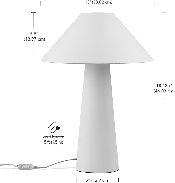 Novogratz x Globe 18" Ceramic Table Lamp, Matte Cream, Off-White Tapered Fabric Shade, in-Line Rocker Switch, 5 Ft. Clear Cord, Home Office, Desk, Living Room