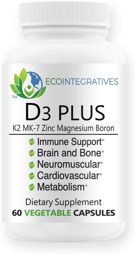 D3 Plus Bore Vitamine K2 Magnésium Zinc Soutient la Santé Cardiovasculaire, les Nerfs, les Muscles, les Os, les Dents, les Gencives et le Système Immunitaire, la Réparation Tissulaire, l'Équilibre Hormonal et le Métabolisme 60 gélules végétaliennes