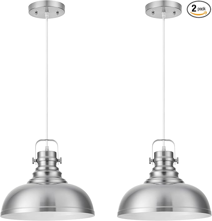 Refice Brushed Nikcel Farmhouse Pendant Lights Industrial Pendant Lighting for Kitchen Island Adjustable Height Dome Hanging Lights for Barn, Dining Room 2 Packs