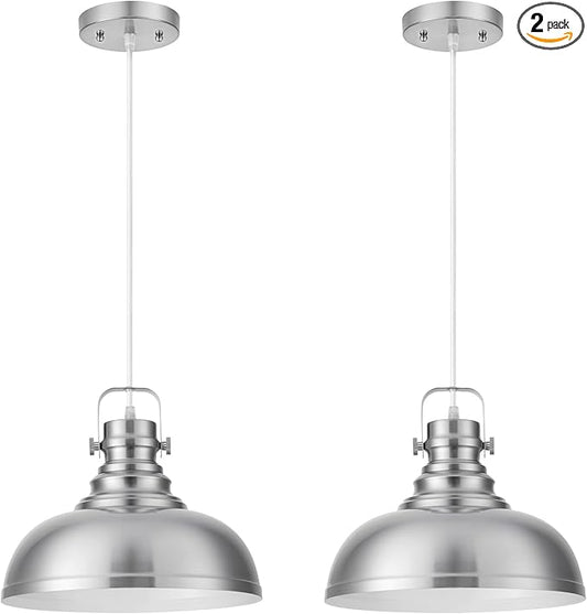Refice Brushed Nikcel Farmhouse Pendant Lights Industrial Pendant Lighting for Kitchen Island Adjustable Height Dome Hanging Lights for Barn, Dining Room 2 Packs
