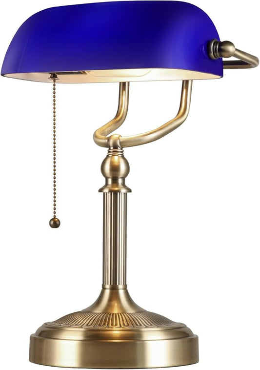 Blue Glass Bankers Desk Lamp with Pull Chain Switch Plug in Fixture for Home Office,Library