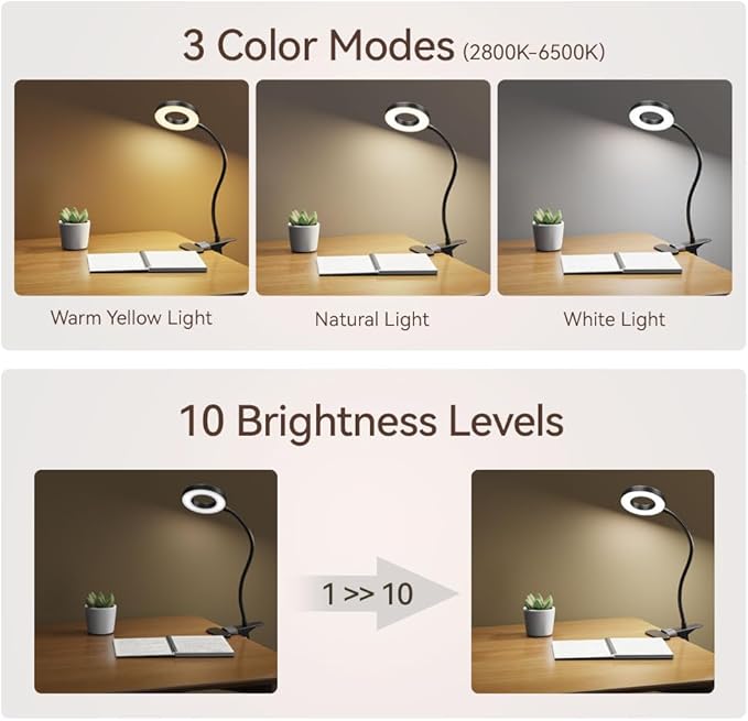 2 Pack LED Clip on Desk Lamp, Metal 360 Adjustable Neck Eye-Caring Clamp Lamp with Memory Function, 3 Color Modes & 10 Brightness Levels for Home, Office, Dorm, Bedroom
