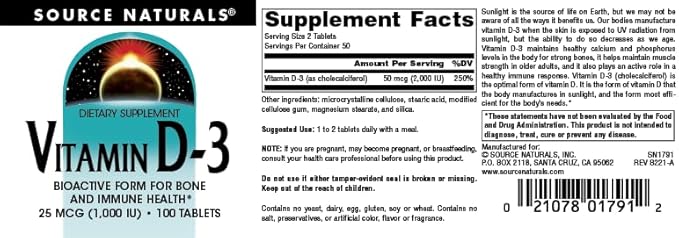 Source Naturals Vitamine D-3 1000 UI Soutient la Santé des Os et l'Immunité* - 100 Comprimés