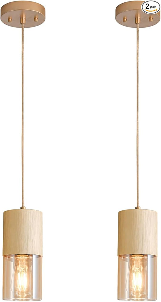 Pendant Light Fixtures, Adjustable Modern Pendant Lights for Kitchen Island, Industrial Amber Glass Pendant Lights for Dining Table Hallway Bedroom Living Room, Gold, 2 Pack