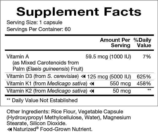 Complément Vitamine D-A-K de Natura Health Products - Soutient la santé des os, du cœur et de la vision, contient des Vitamines D3 5000 UI, A 1000 UI, K2 50 mcg, K1 550 mcg, Biodisponible (60 Gélules)