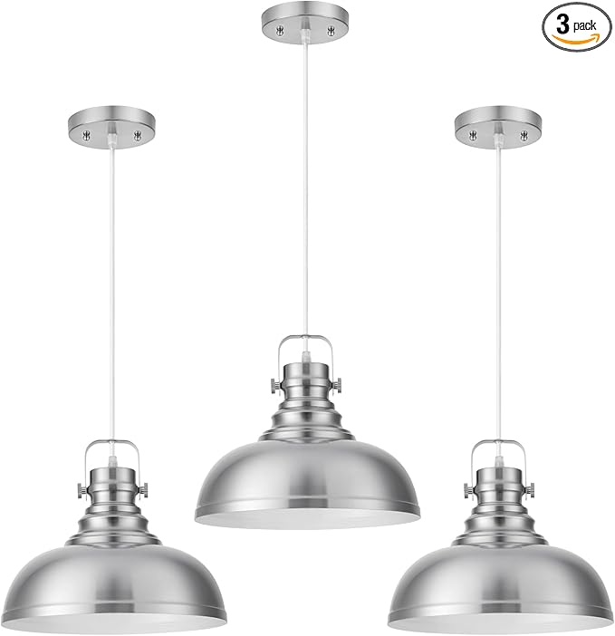 Refice Brushed Nikcel Farmhouse Pendant Lights Industrial Pendant Lighting for Kitchen Island Adjustable Height Dome Hanging Lights for Barn, Dining Room 3 Packs