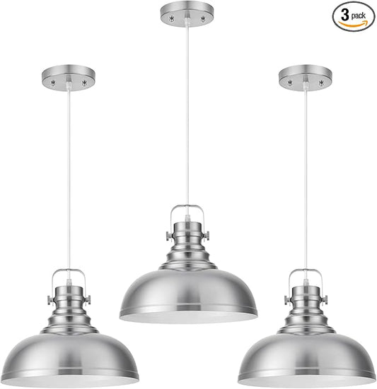 Refice Brushed Nikcel Farmhouse Pendant Lights Industrial Pendant Lighting for Kitchen Island Adjustable Height Dome Hanging Lights for Barn, Dining Room 3 Packs