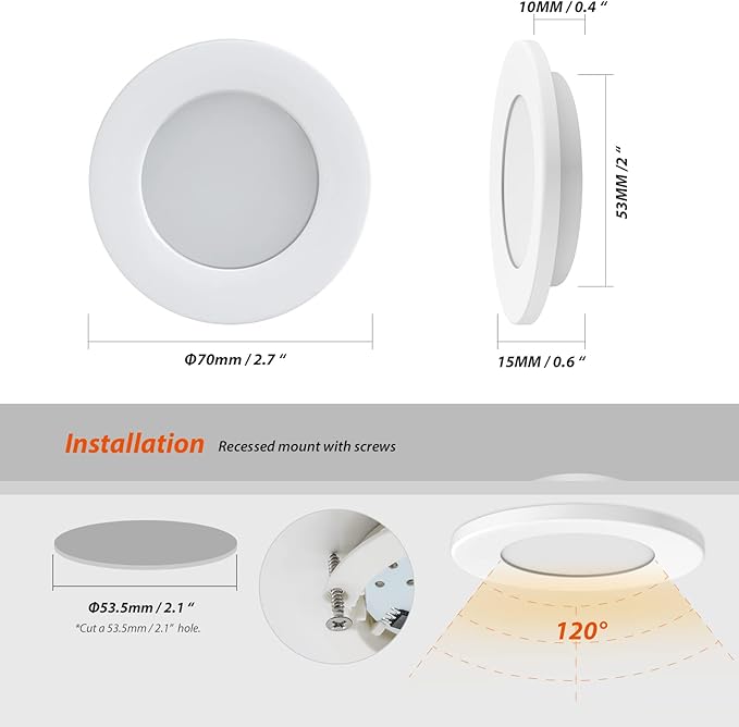 12V Under Cabinet Lighting RV Low Voltage Lights Marine LED Fixtures 12 Volt DC Puck Light Recessed Warm White 3000K, White Shell, 2watts 100lumens 2.7inch Pack of 6