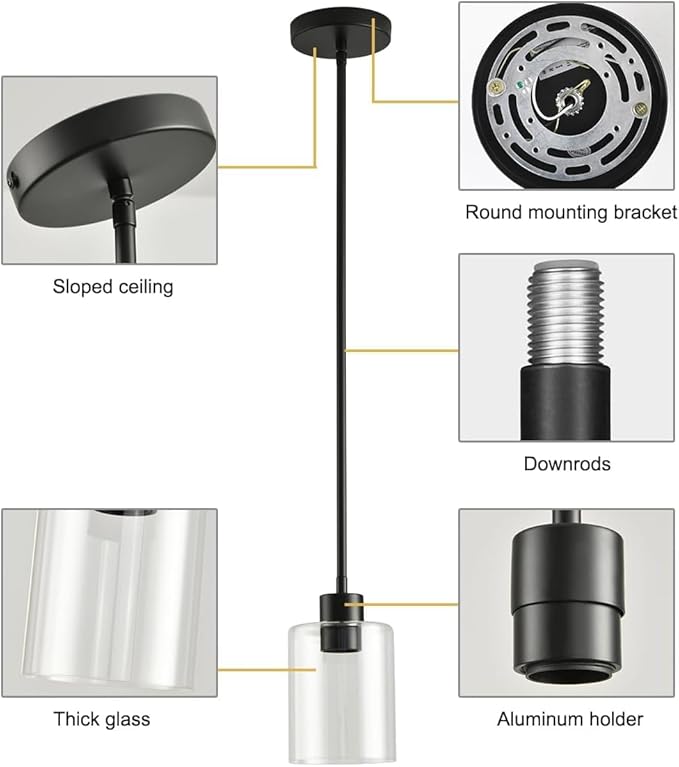 3 Pack Black Pendant Lights Kitchen Island, Modern Industrial Matte Black Hanging Light Fixtures, Adjustable Downrod Farmhouse Glass Pendant Lighting for Dining Room Bedroom Hallway Entryway