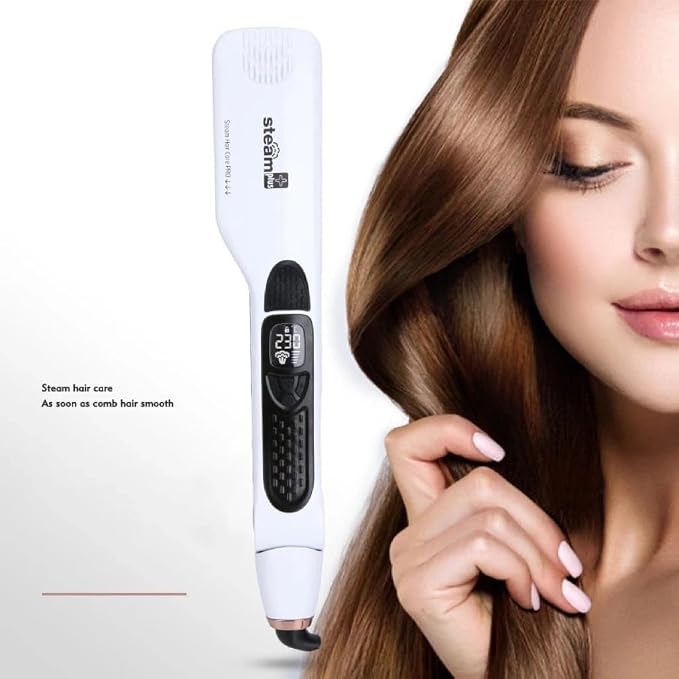 Professional Steam Hair Straightener Brush Ceramic Flat Iron, Electric Hair Crimper Heating Comb Straightening Iron, Fast Steamer Hair Styling Appliances For All Hair Types (White)