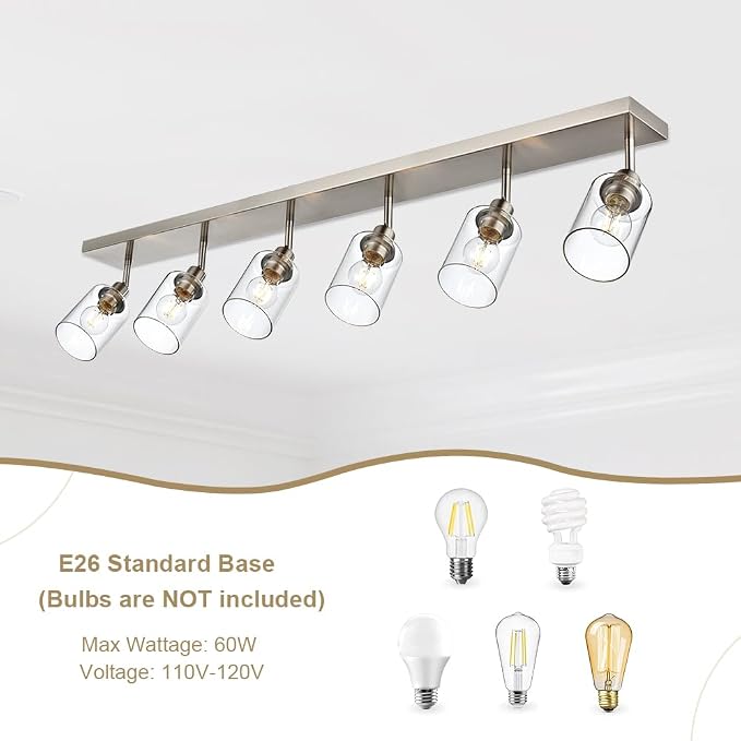 6 Light VINLUZ Bathroom Light Fixtures Classic Vanity Lighting Black Multi-Directional Rotating Metal Ceiling Spotlight with Adjustable Track Heads with Clear Shade