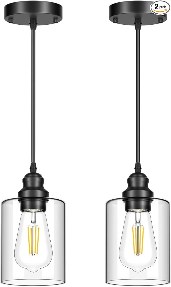 Licperron 2 Pack Modern Black Pendant Lighting, Clear Glass Shade Pendant Lights Kitchen Island, Hanging Ceiling Light Fixture, Farmhouse Pendant Lighting for Dining Room Bedroom Bar Office