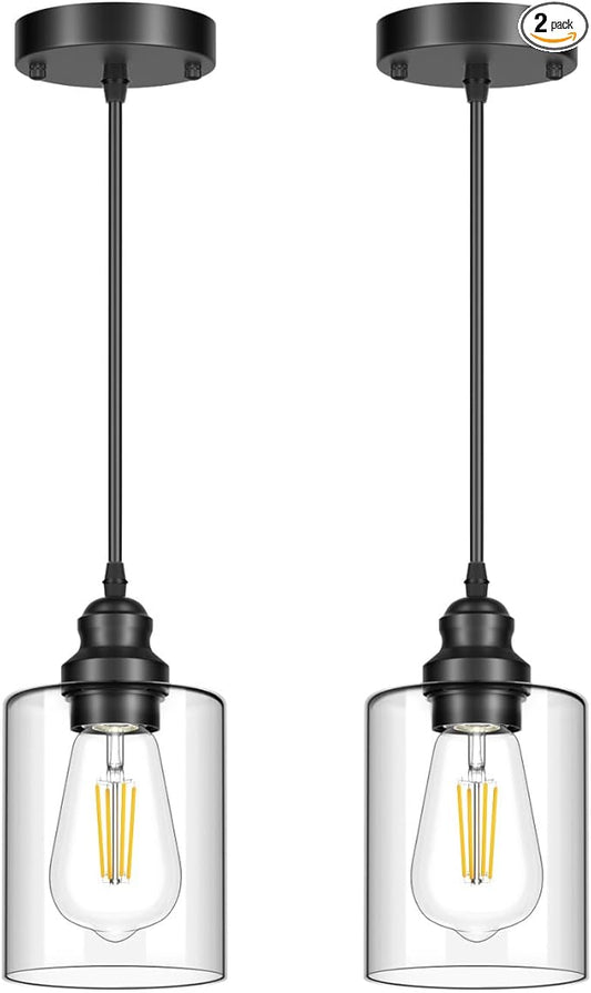 Licperron 2 Pack Modern Black Pendant Lighting, Clear Glass Shade Pendant Lights Kitchen Island, Hanging Ceiling Light Fixture, Farmhouse Pendant Lighting for Dining Room Bedroom Bar Office